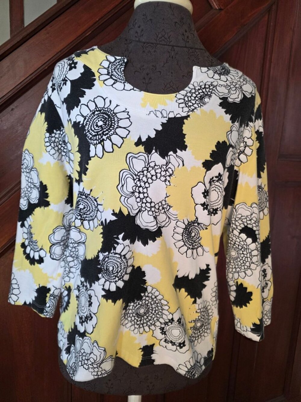 Hearts Of Palm Floral Print 3/4 Sleeve Top Yellow Black White Womens M